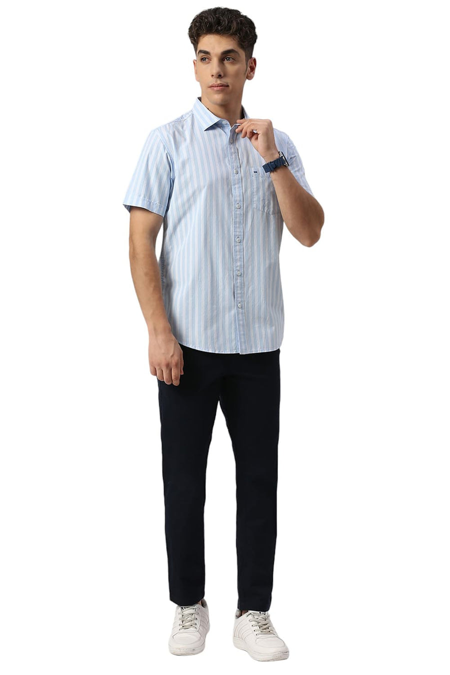 BASICS SLIM FIT BALLAD BLUE COTTON STRIPE HALFSLEEVES SHIRT