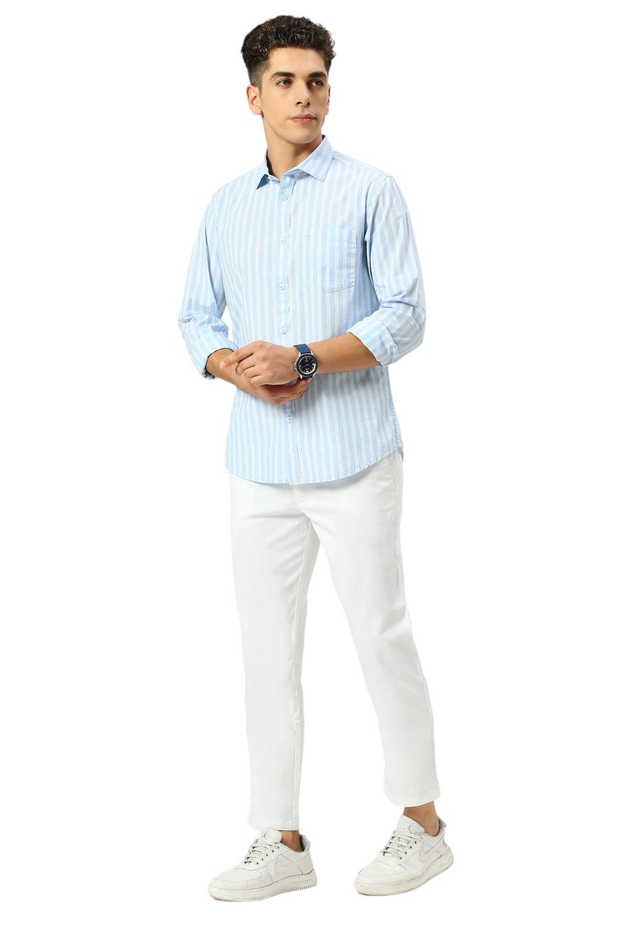 BASICS SLIM FIT BALLAD BLUE COTTON STRIPE SHIRT