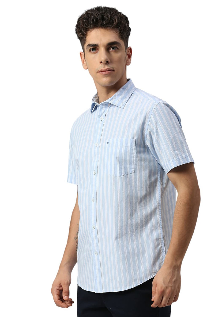 BASICS SLIM FIT BALLAD BLUE COTTON STRIPE HALFSLEEVES SHIRT