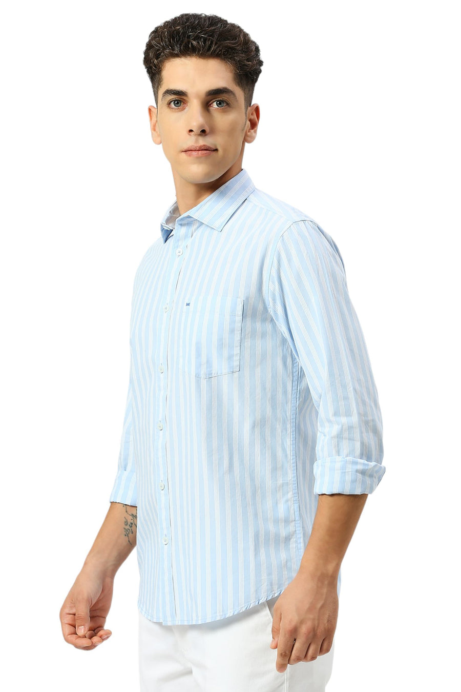 BASICS SLIM FIT BALLAD BLUE COTTON STRIPE SHIRT