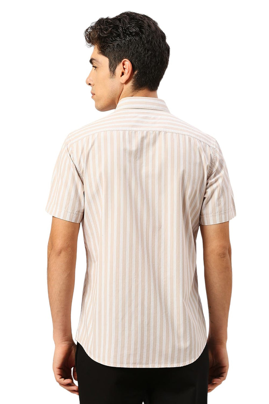 BASICS SLIM FIT ALMOND BEIGE COTTON STRIPE HALFSLEEVES SHIRT