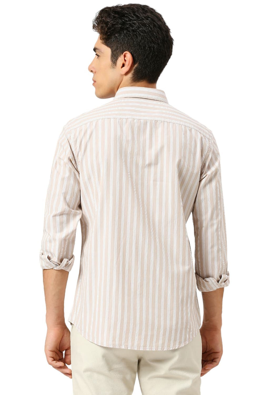BASICS SLIM FIT ALMOND BEIGE COTTON STRIPE SHIRT