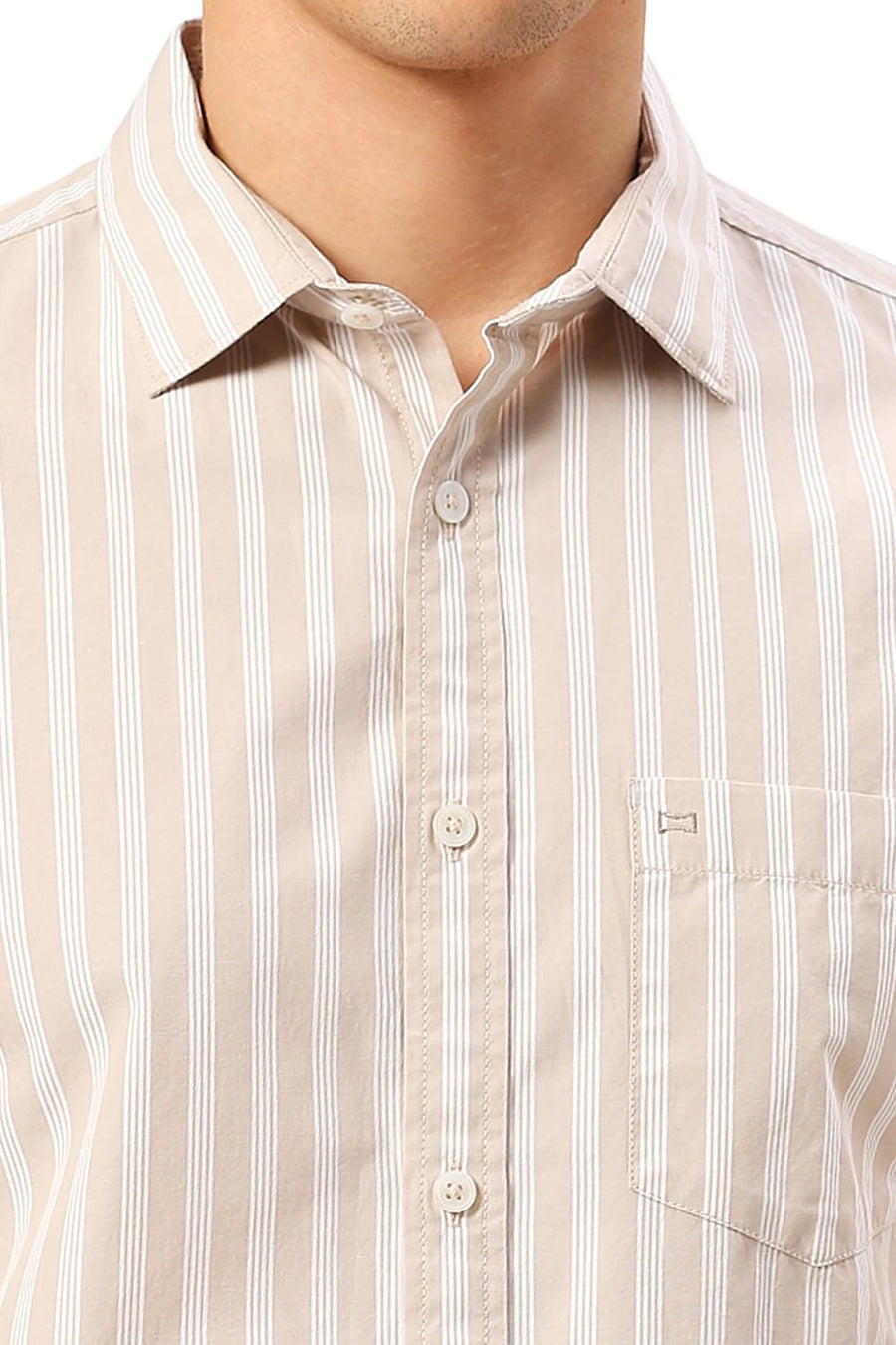 BASICS SLIM FIT ALMOND BEIGE COTTON STRIPE HALFSLEEVES SHIRT