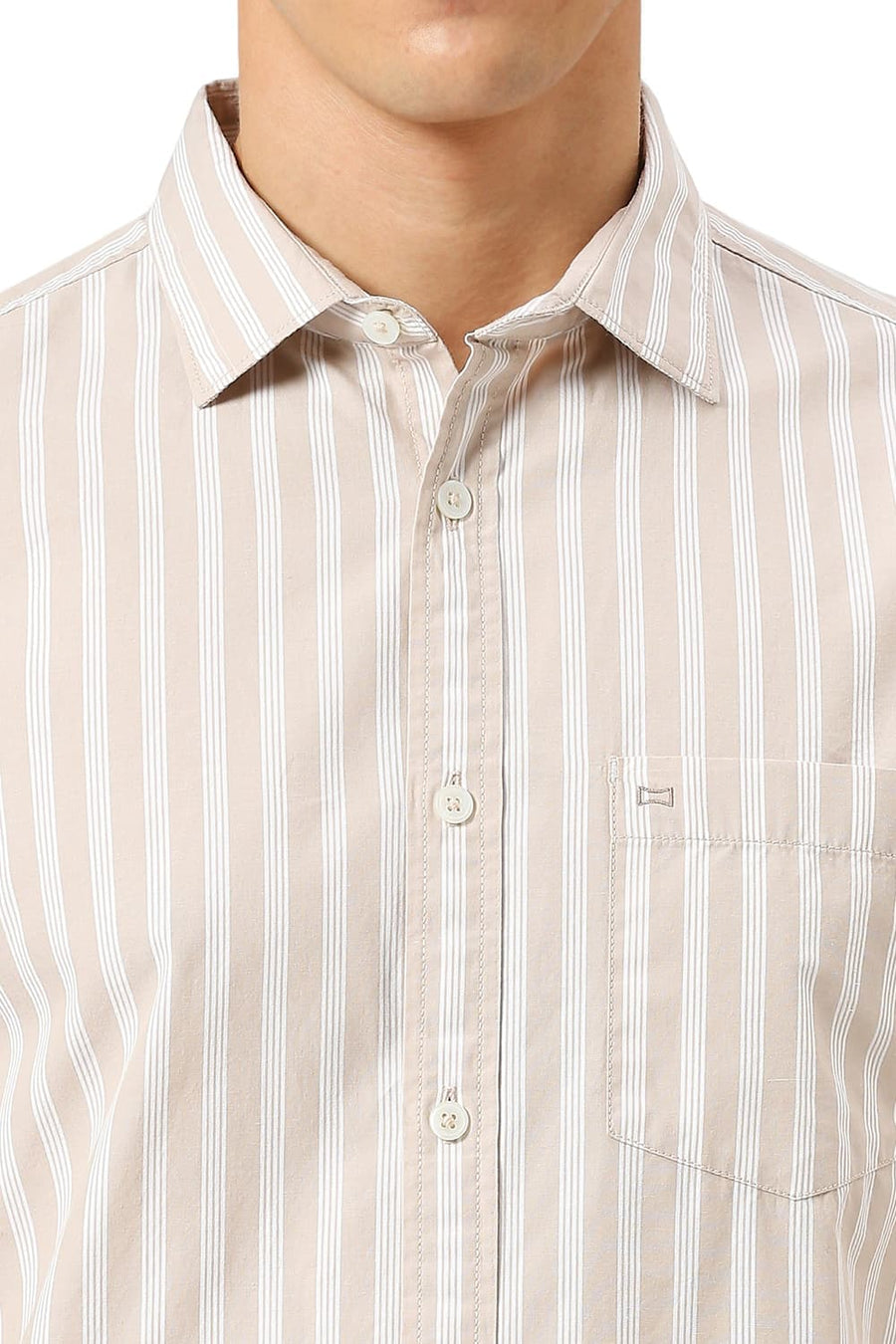 BASICS SLIM FIT ALMOND BEIGE COTTON STRIPE SHIRT
