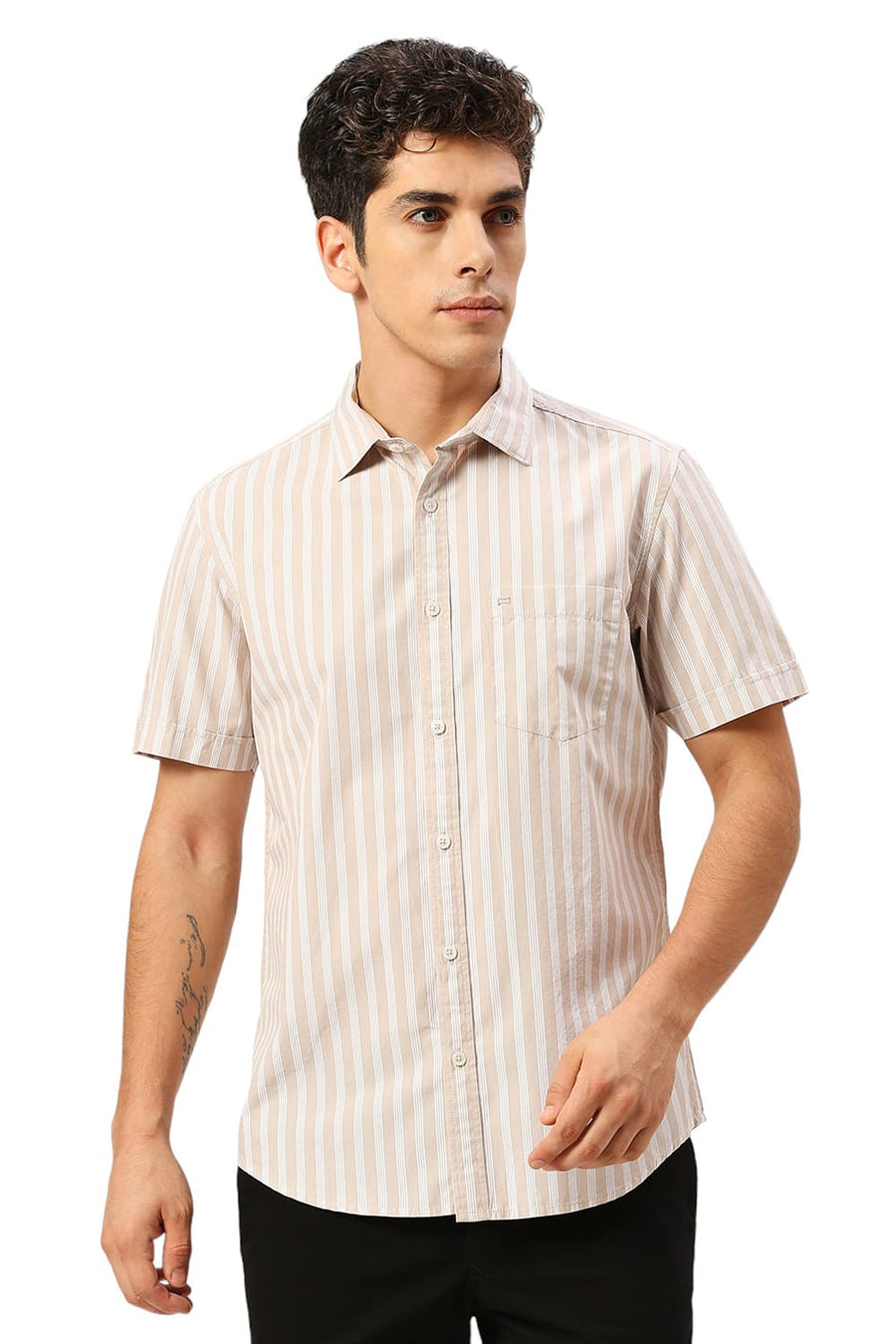 BASICS SLIM FIT ALMOND BEIGE COTTON STRIPE HALFSLEEVES SHIRT