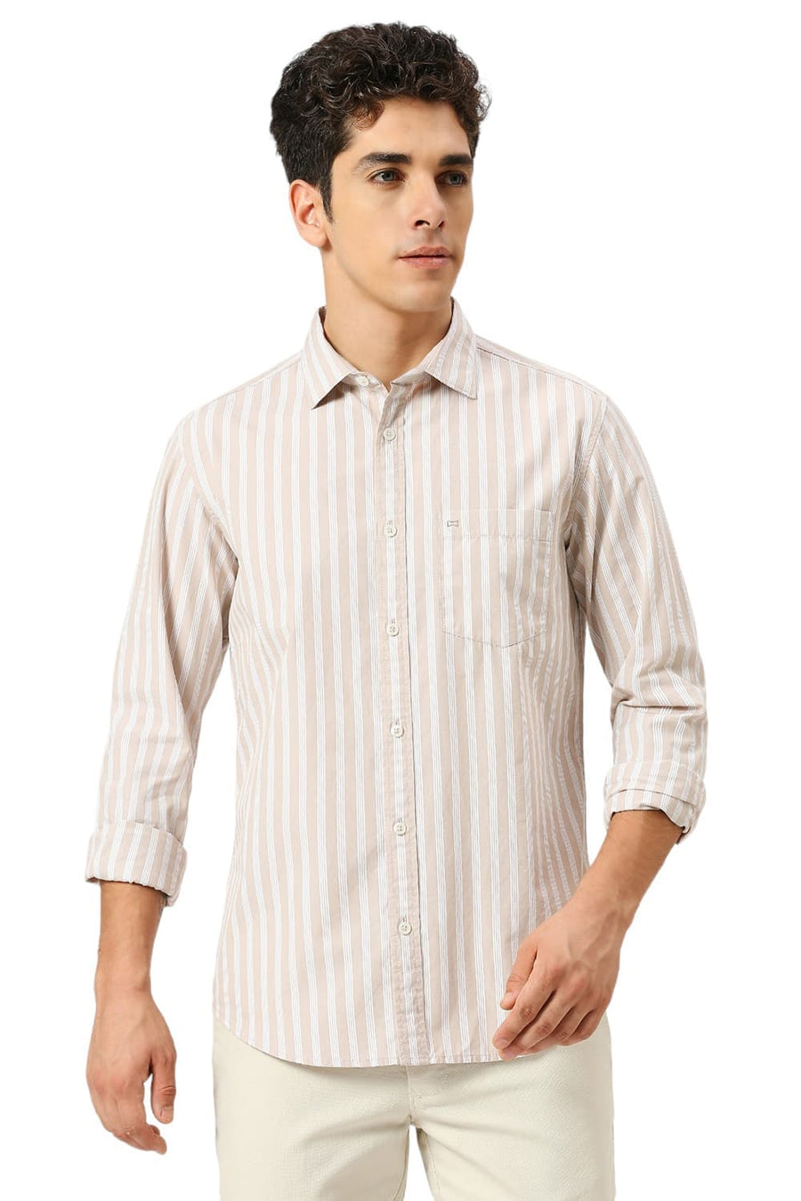 BASICS SLIM FIT ALMOND BEIGE COTTON STRIPE SHIRT
