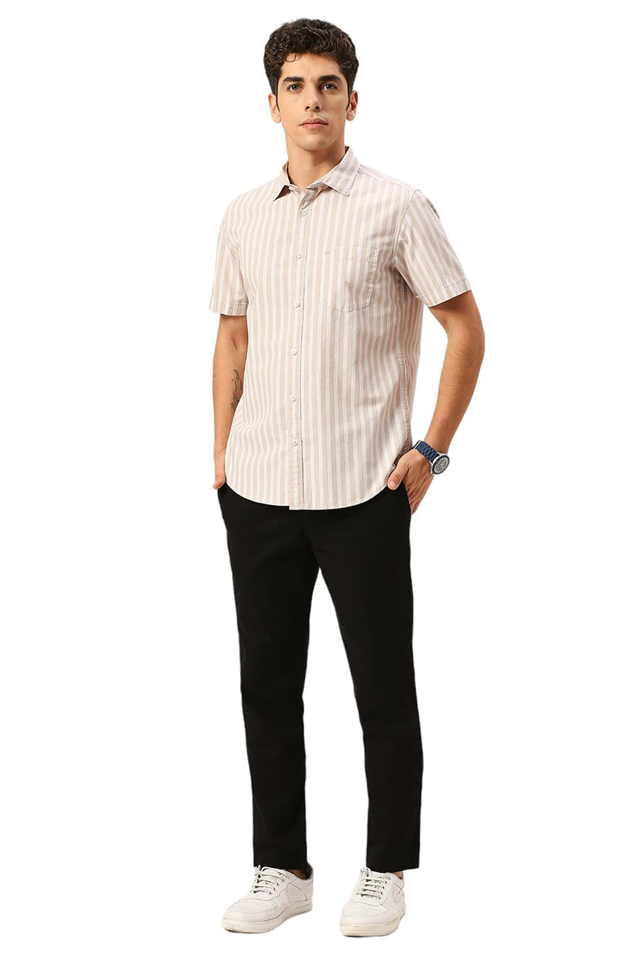 BASICS SLIM FIT ALMOND BEIGE COTTON STRIPE HALFSLEEVES SHIRT