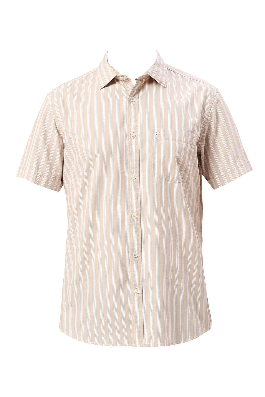 BASICS SLIM FIT ALMOND BEIGE COTTON STRIPE HALFSLEEVES SHIRT