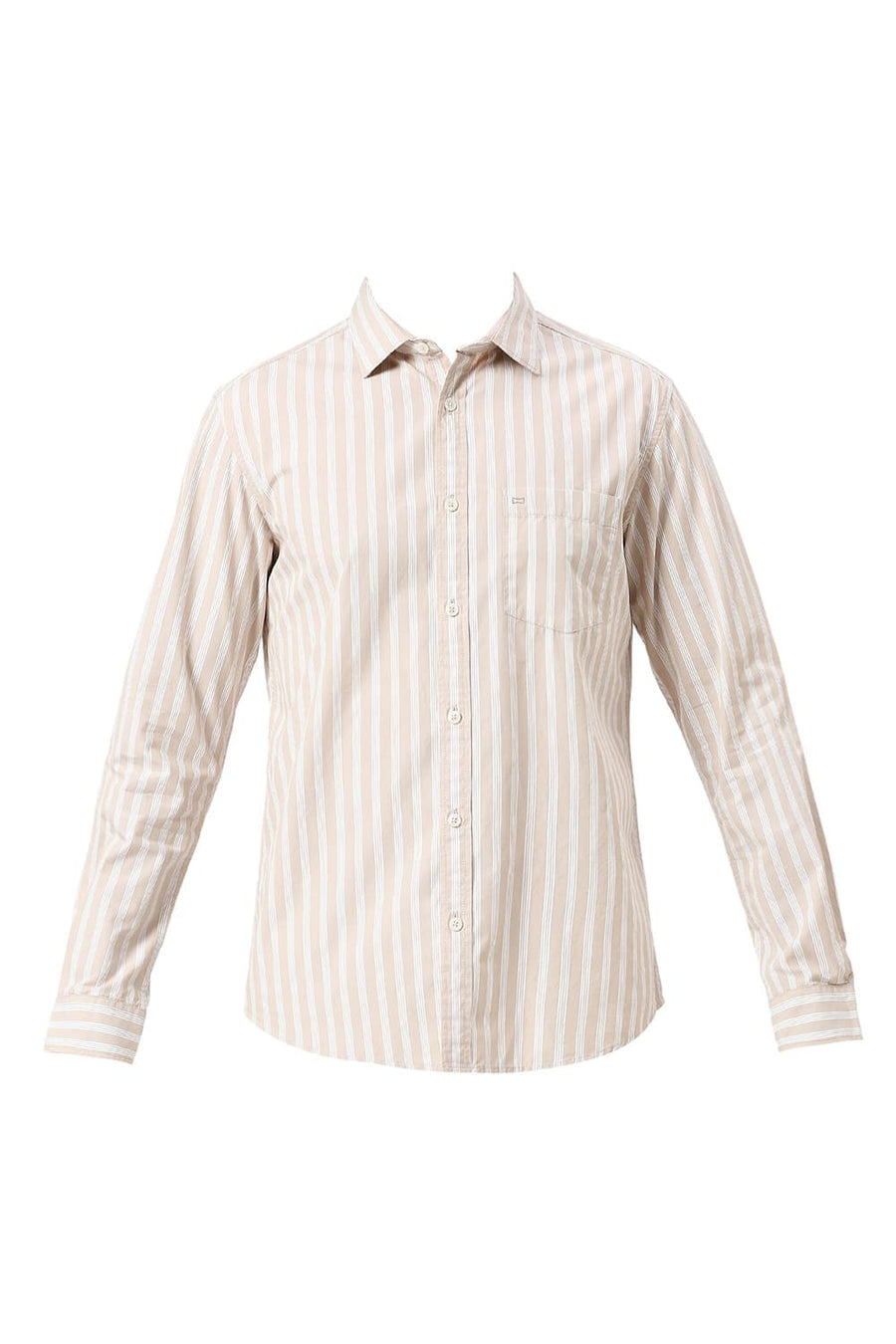 BASICS SLIM FIT ALMOND BEIGE COTTON STRIPE SHIRT