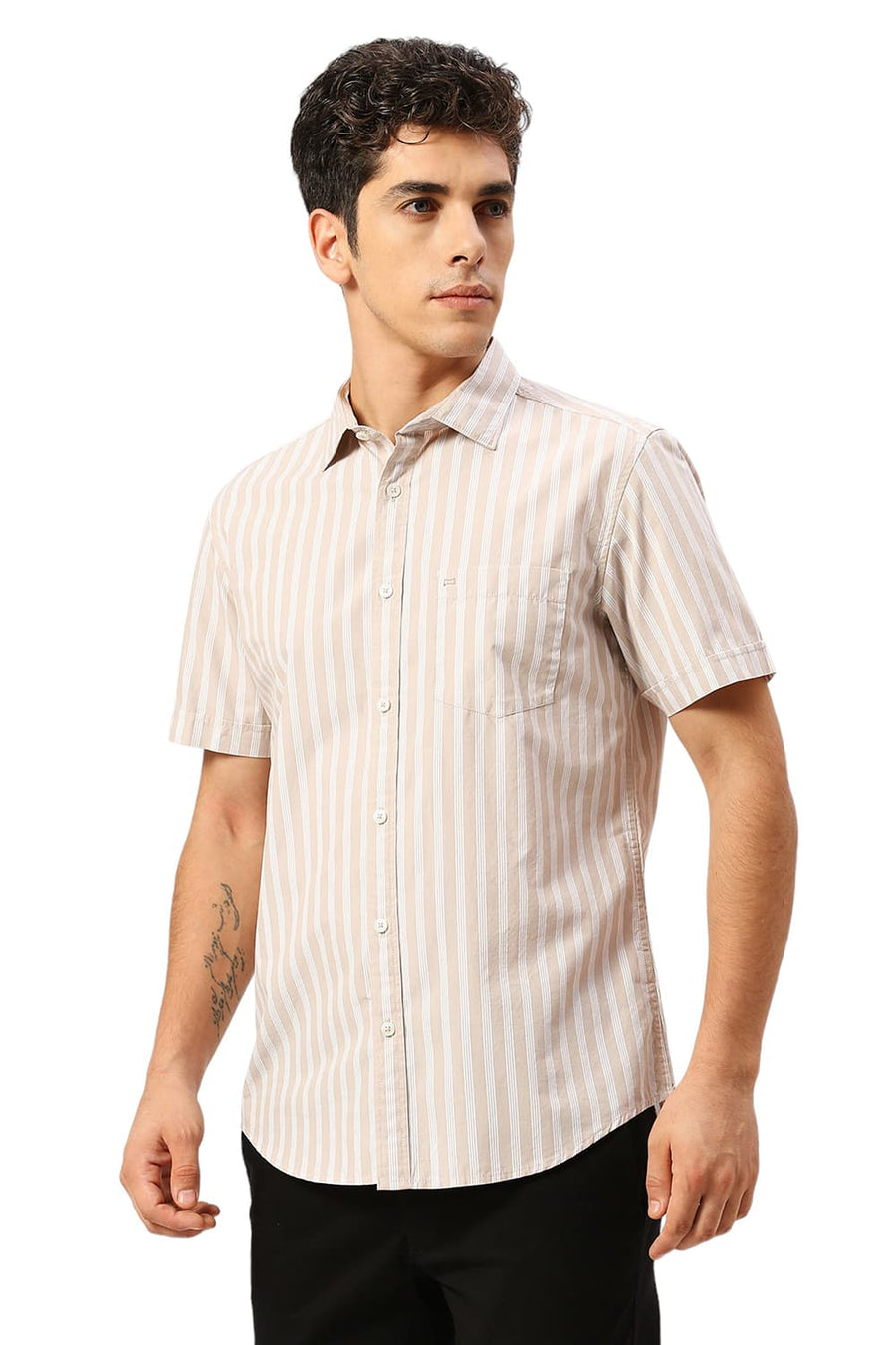BASICS SLIM FIT ALMOND BEIGE COTTON STRIPE HALFSLEEVES SHIRT