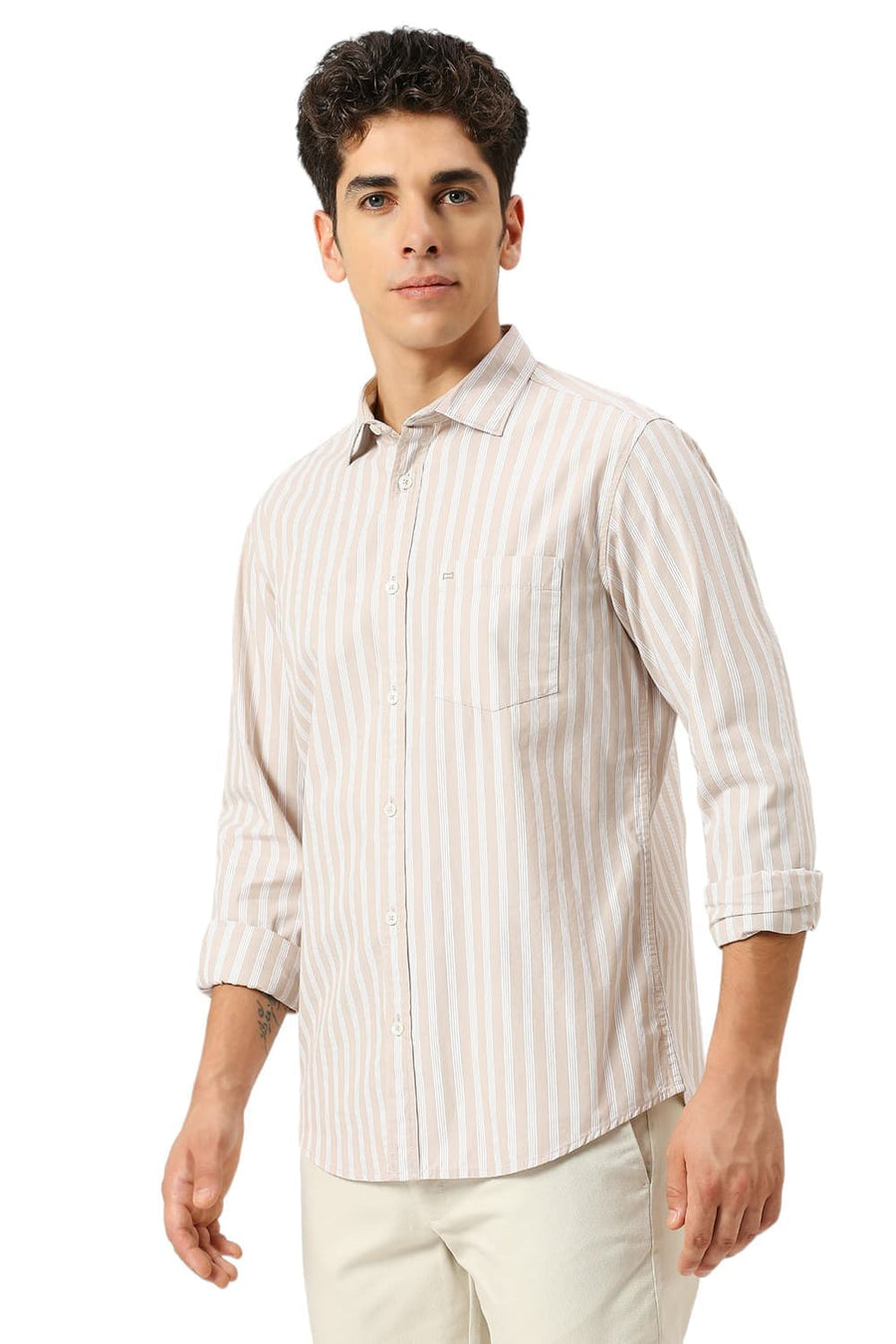 BASICS SLIM FIT ALMOND BEIGE COTTON STRIPE SHIRT