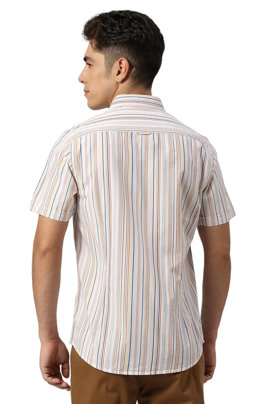 BASICS SLIM FIT ORANGE MARMALADE COTTON CAVALRY TWILL STRIPE HALFSLEEVES SHIRT