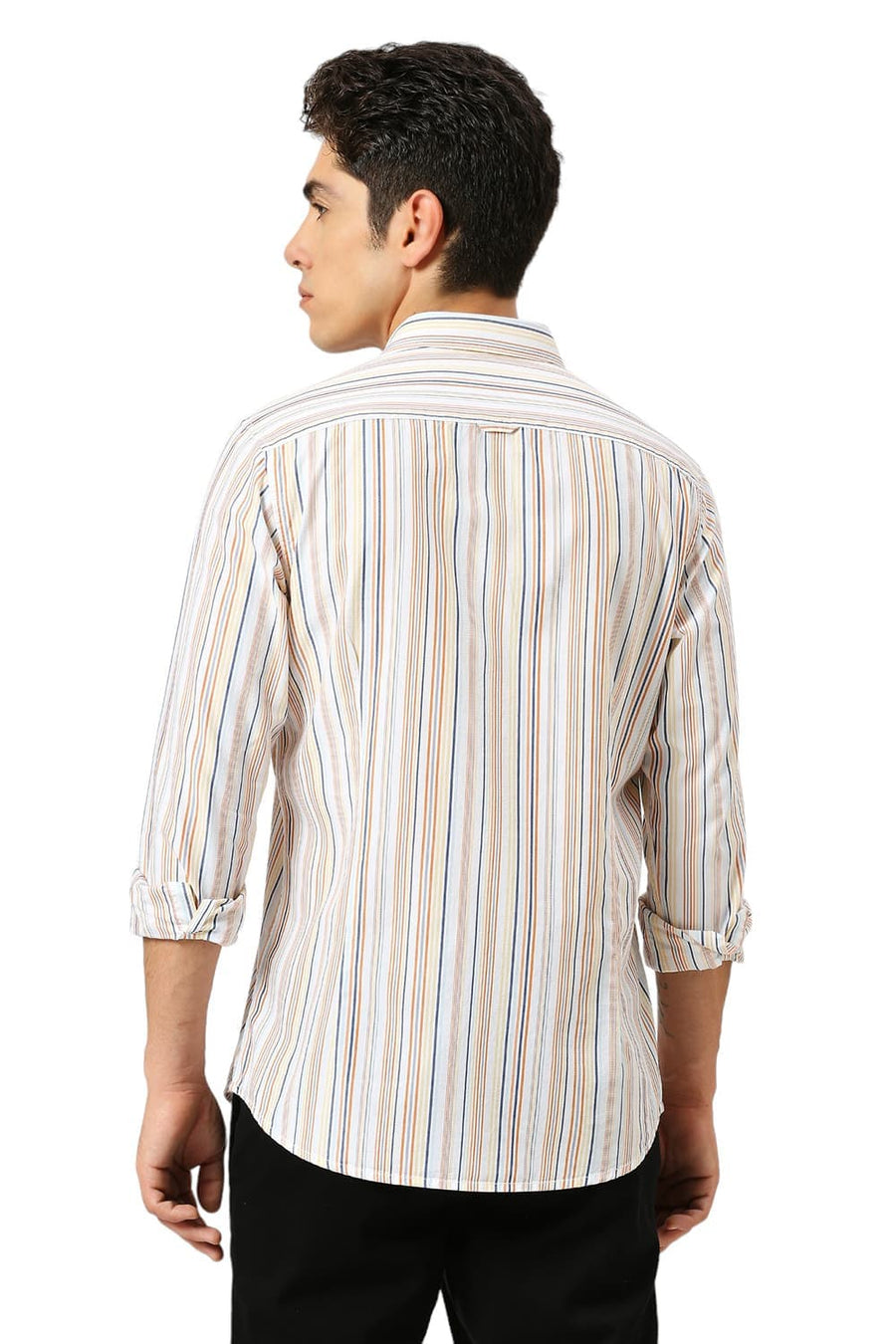 BASICS SLIM FIT ORANGE MARMALADE COTTON CAVALRY TWILL STRIPE SHIRT