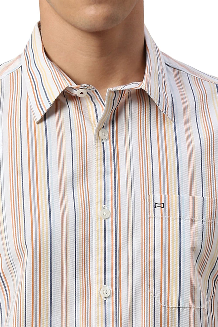 BASICS SLIM FIT ORANGE MARMALADE COTTON CAVALRY TWILL STRIPE HALFSLEEVES SHIRT