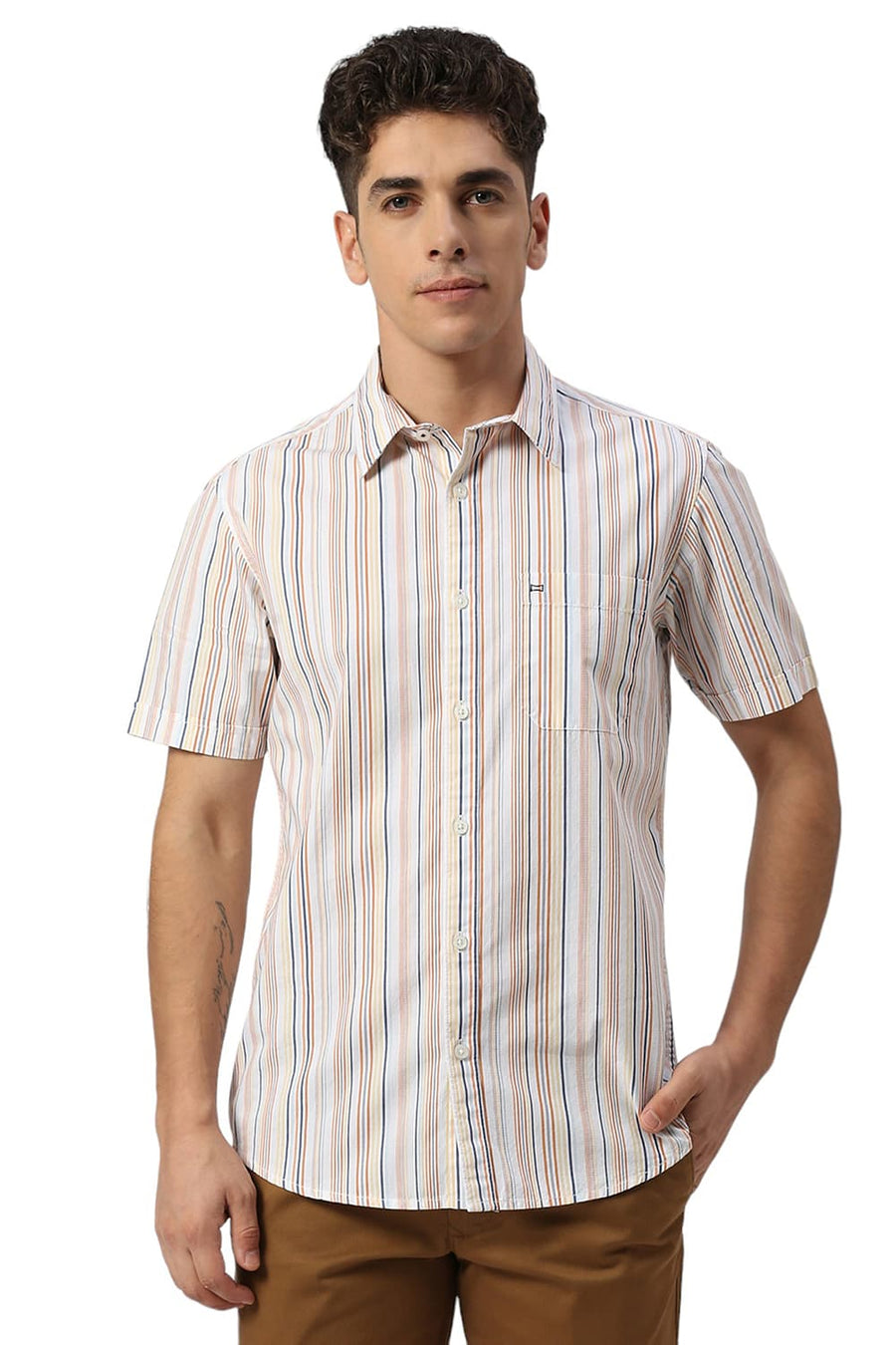 BASICS SLIM FIT ORANGE MARMALADE COTTON CAVALRY TWILL STRIPE HALFSLEEVES SHIRT