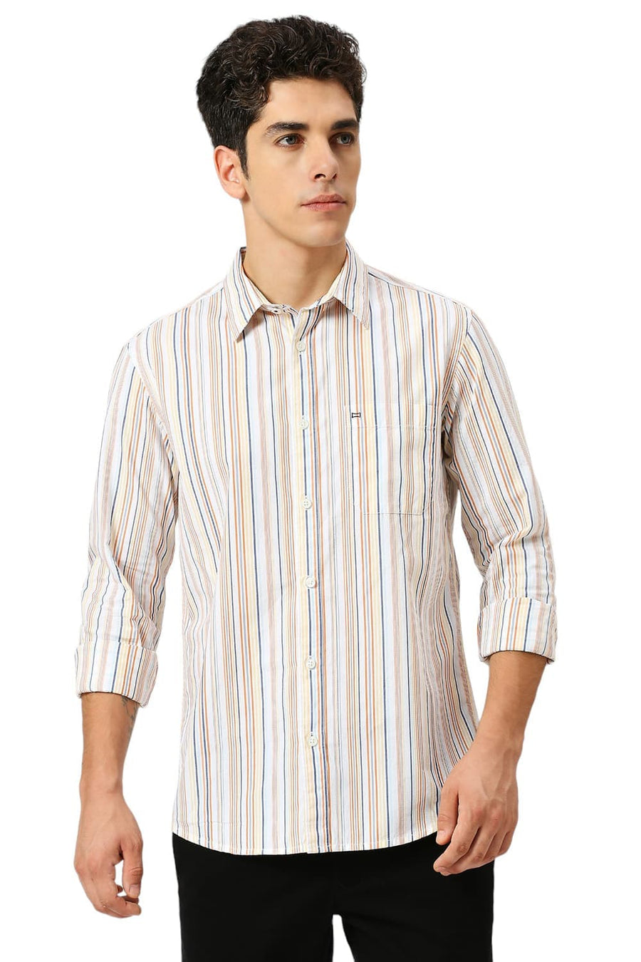 BASICS SLIM FIT ORANGE MARMALADE COTTON CAVALRY TWILL STRIPE SHIRT
