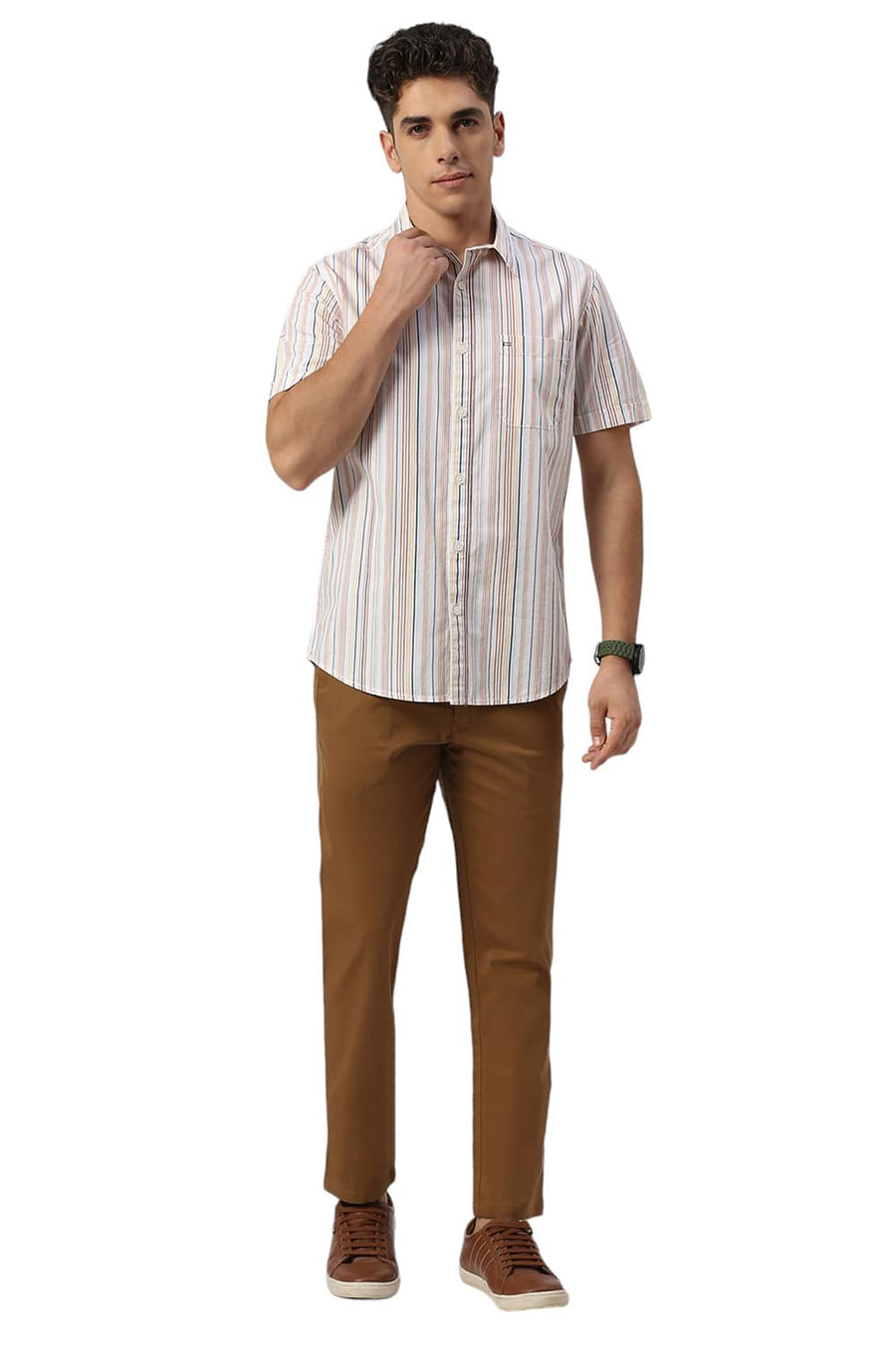BASICS SLIM FIT ORANGE MARMALADE COTTON CAVALRY TWILL STRIPE HALFSLEEVES SHIRT