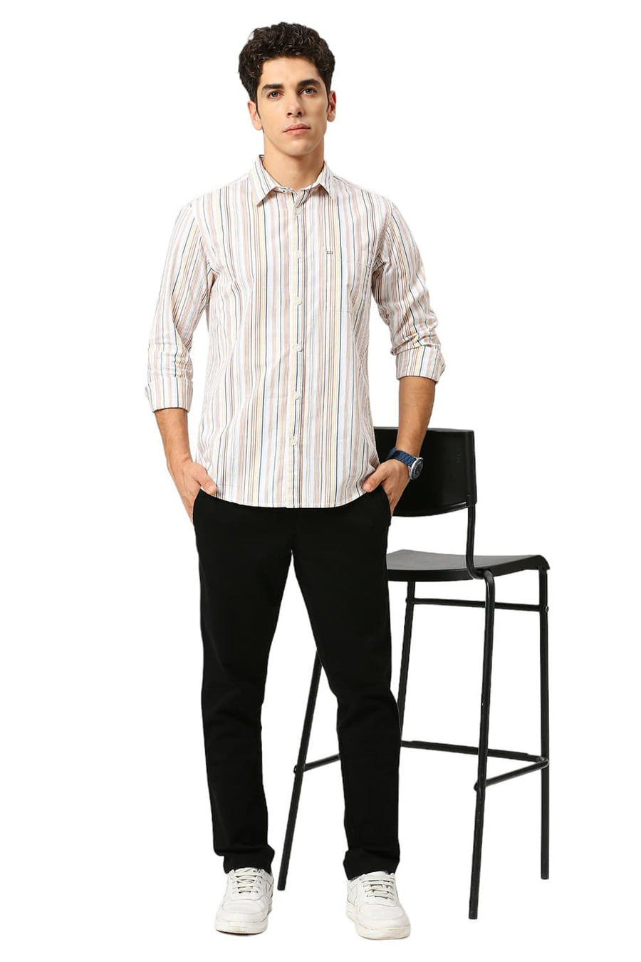 BASICS SLIM FIT ORANGE MARMALADE COTTON CAVALRY TWILL STRIPE SHIRT