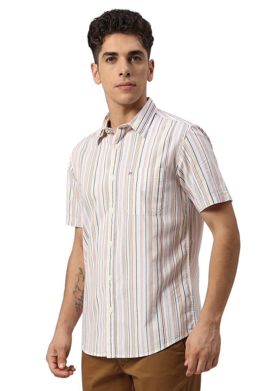 BASICS SLIM FIT ORANGE MARMALADE COTTON CAVALRY TWILL STRIPE HALFSLEEVES SHIRT
