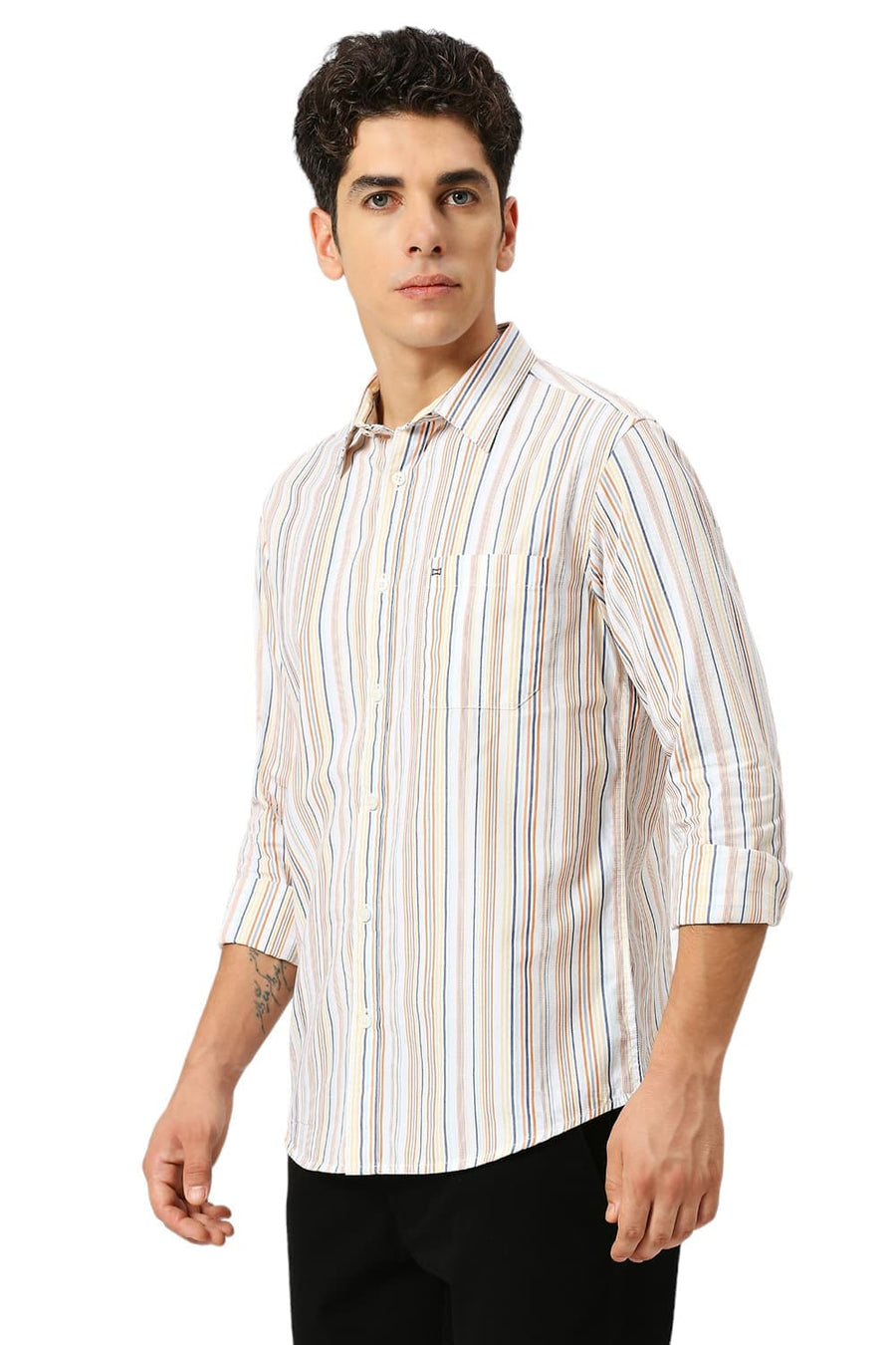BASICS SLIM FIT ORANGE MARMALADE COTTON CAVALRY TWILL STRIPE SHIRT