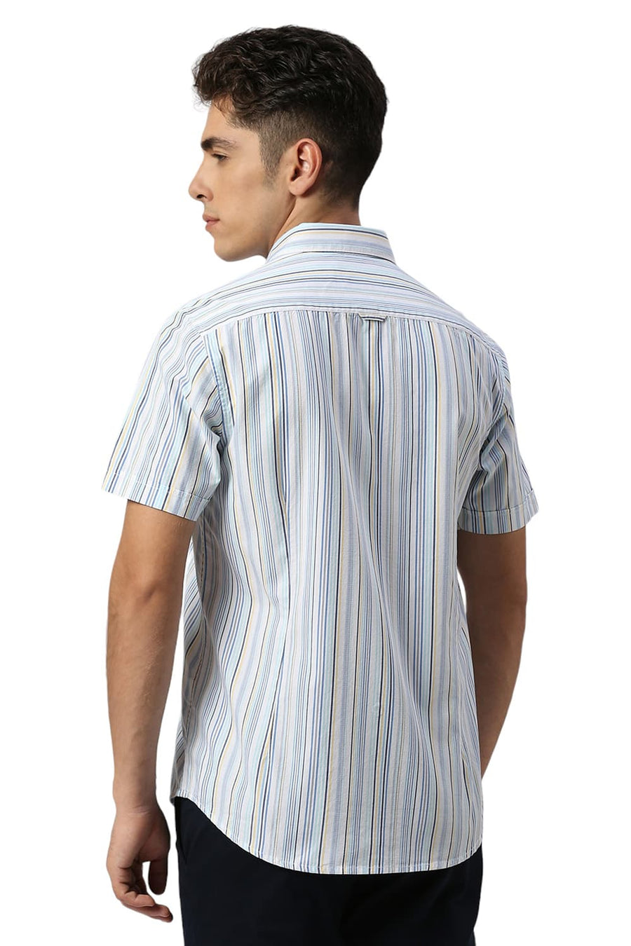 BASICS SLIM FIT BLUE WATER COTTON CAVALRY TWILL STRIPE HALFSLEEVES SHIRT