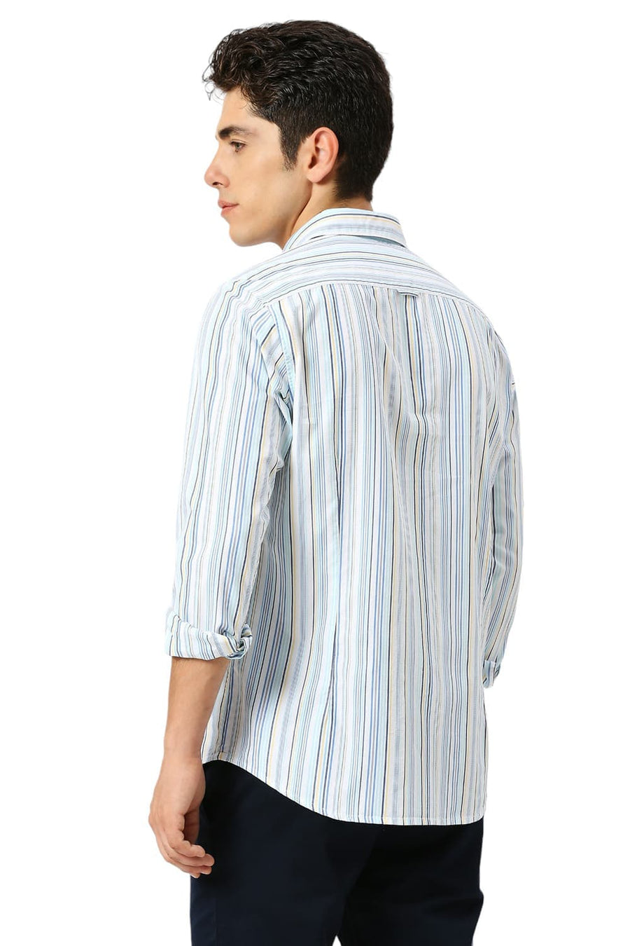 BASICS SLIM FIT BLUE WATER COTTON CAVALRY TWILL STRIPE SHIRT