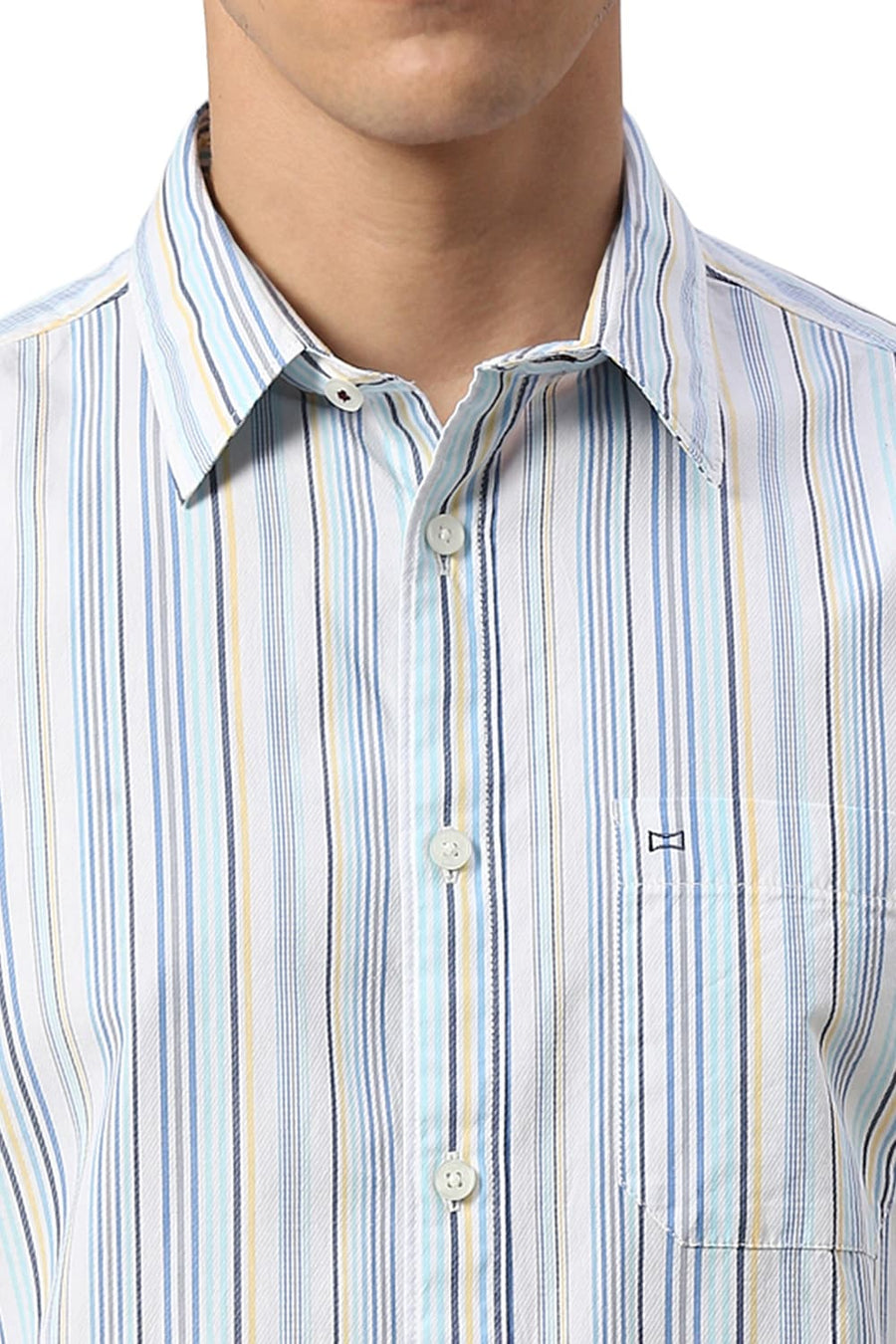 BASICS SLIM FIT BLUE WATER COTTON CAVALRY TWILL STRIPE HALFSLEEVES SHIRT