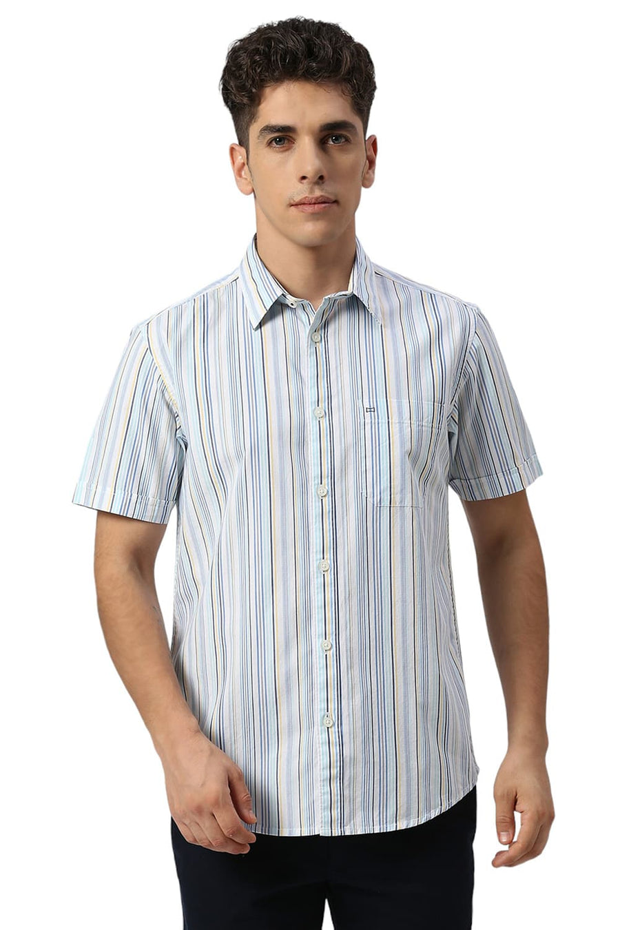 BASICS SLIM FIT BLUE WATER COTTON CAVALRY TWILL STRIPE HALFSLEEVES SHIRT