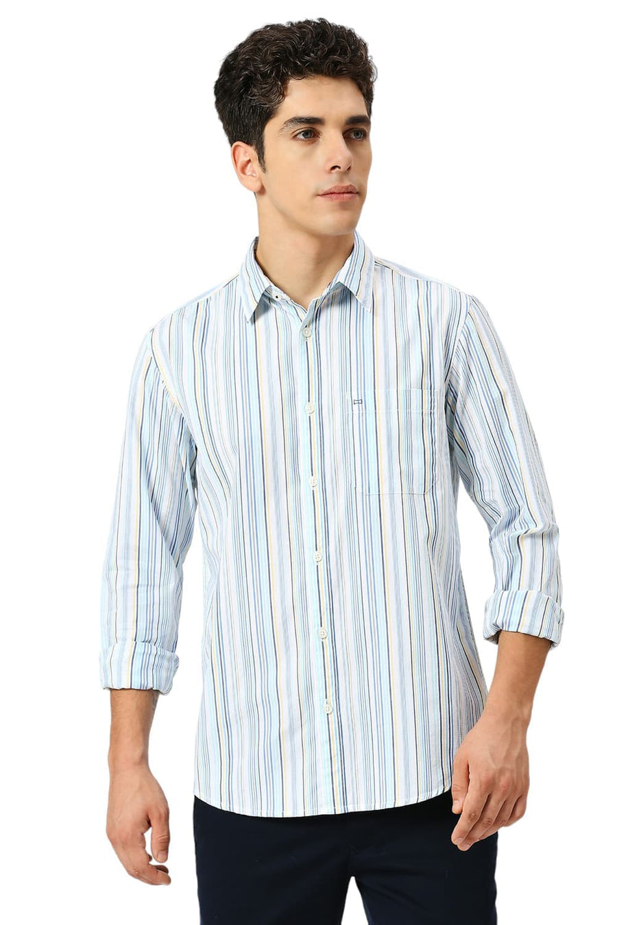BASICS SLIM FIT BLUE WATER COTTON CAVALRY TWILL STRIPE SHIRT