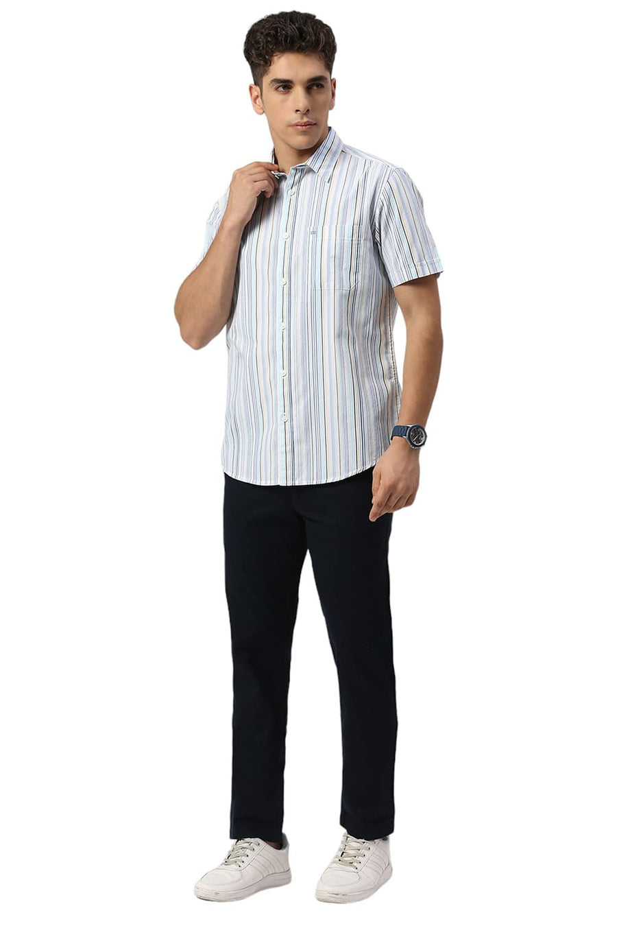 BASICS SLIM FIT BLUE WATER COTTON CAVALRY TWILL STRIPE HALFSLEEVES SHIRT