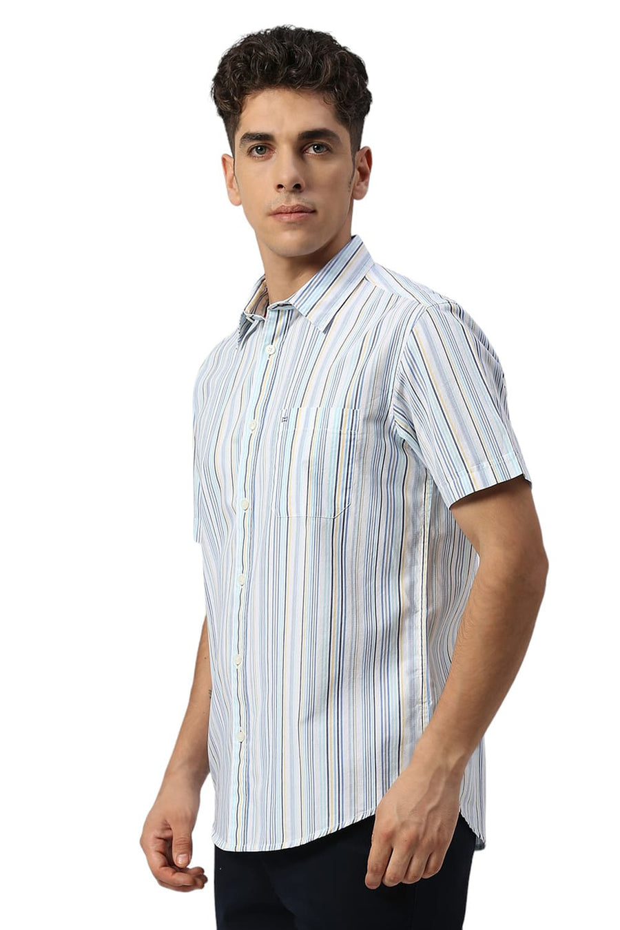 BASICS SLIM FIT BLUE WATER COTTON CAVALRY TWILL STRIPE HALFSLEEVES SHIRT
