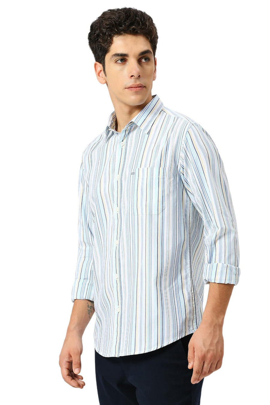 BASICS SLIM FIT BLUE WATER COTTON CAVALRY TWILL STRIPE SHIRT
