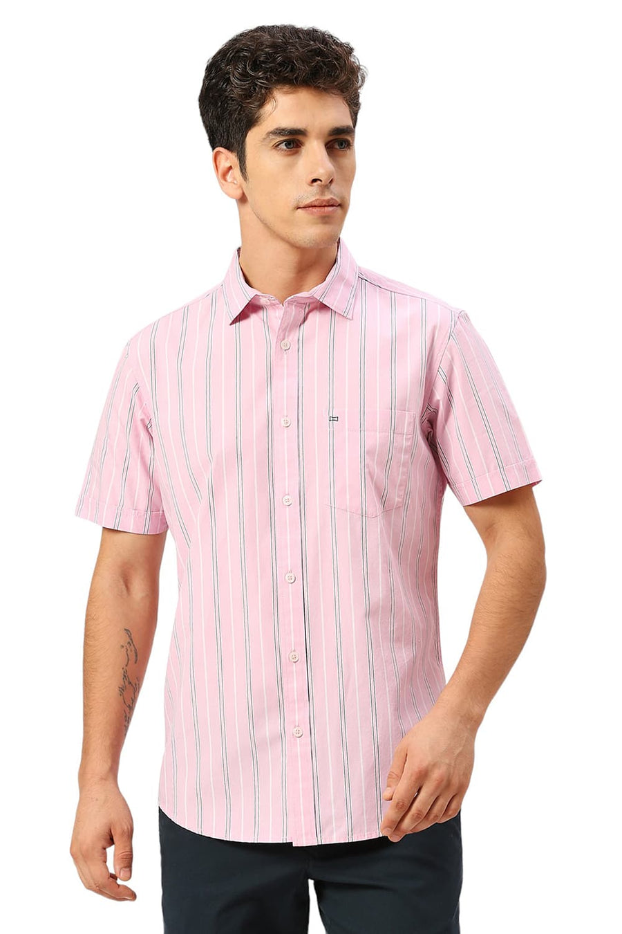 BASICS SLIM FIT CORSAGE PINK COTTON FIL-A-FIL STRIPE HALFSLEEVES SHIRT