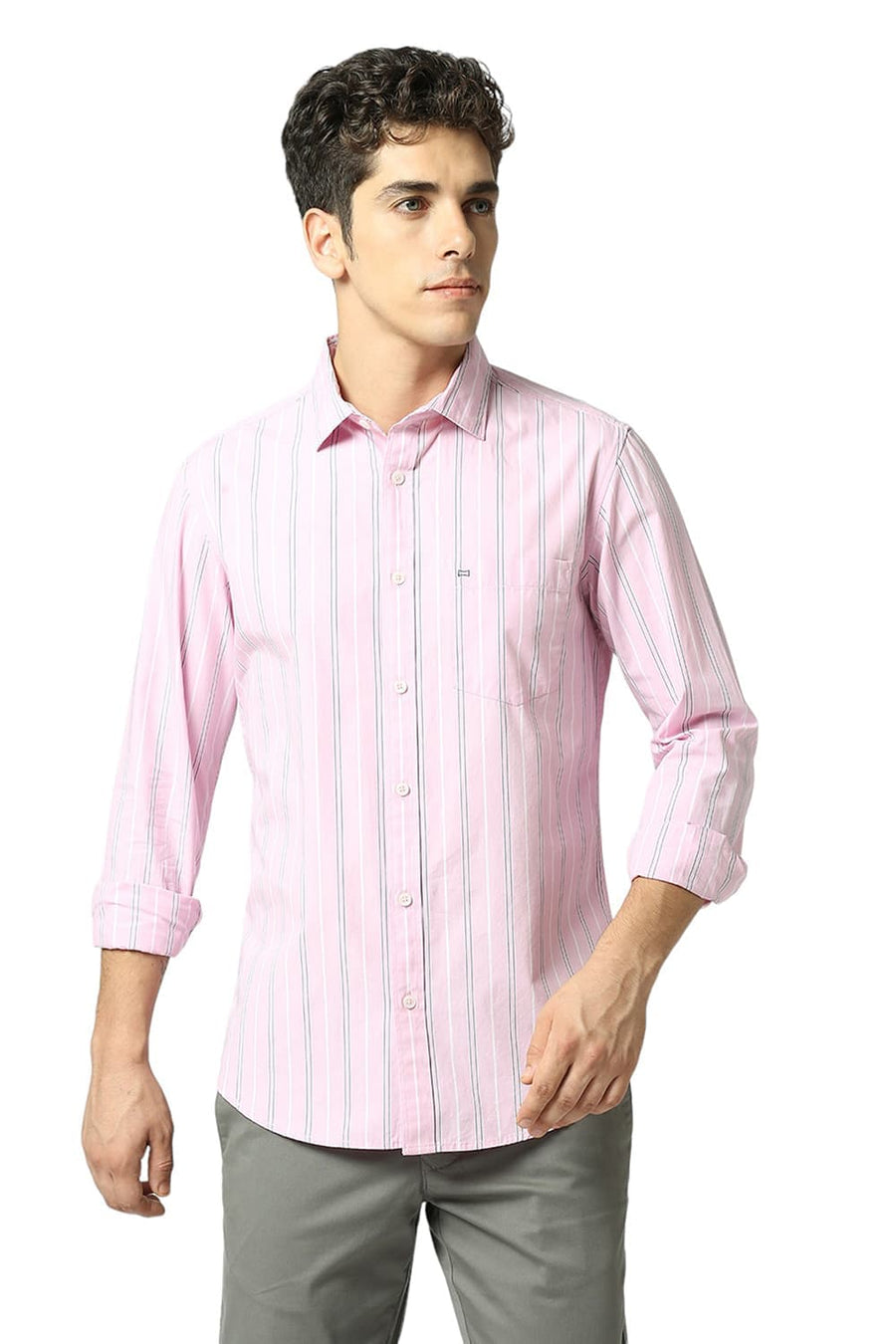BASICS SLIM FIT CORSAGE PINK COTTON FIL-A-FIL STRIPE SHIRT