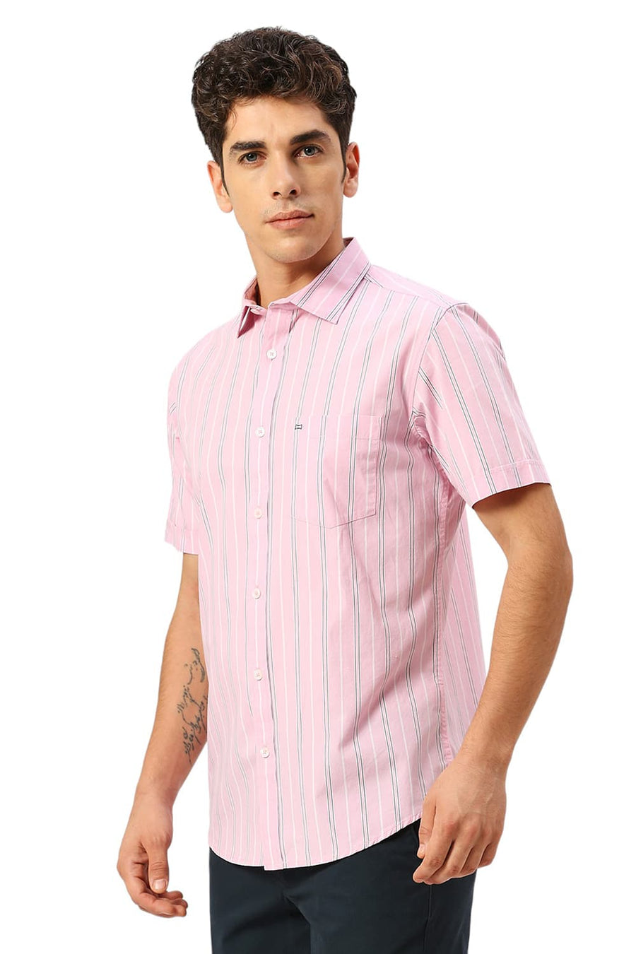 BASICS SLIM FIT CORSAGE PINK COTTON FIL-A-FIL STRIPE HALFSLEEVES SHIRT