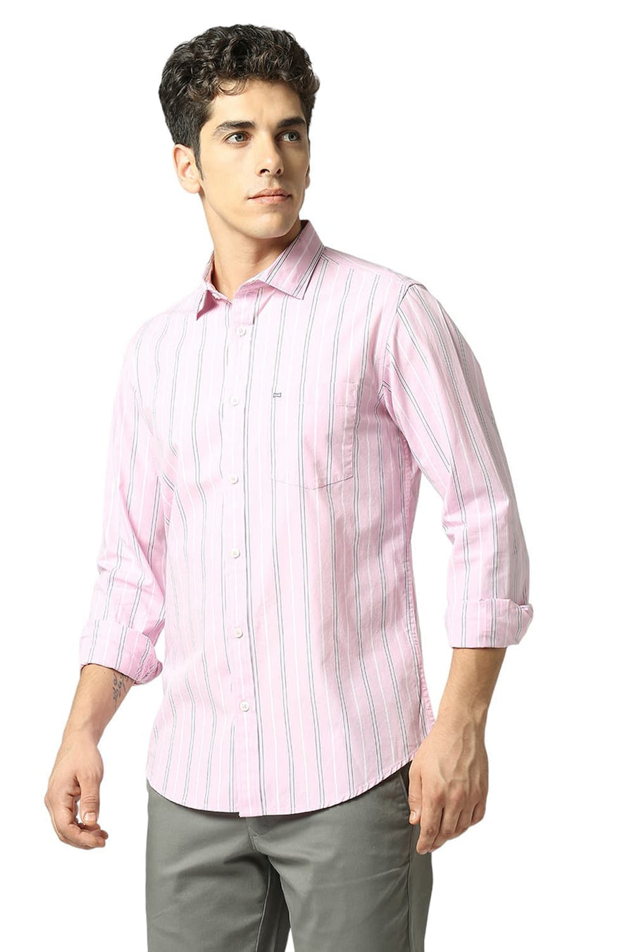 BASICS SLIM FIT CORSAGE PINK COTTON FIL-A-FIL STRIPE SHIRT