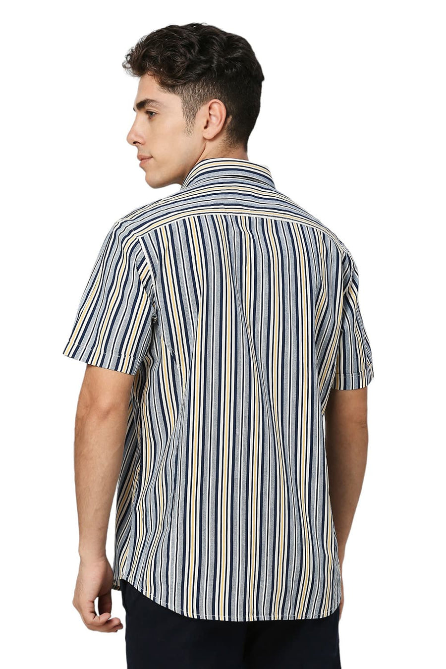 BASICS SLIM FIT NAVAL BLUE COTTON VISCOSE TWILL STRIPE HALFSLEEVES SHIRT
