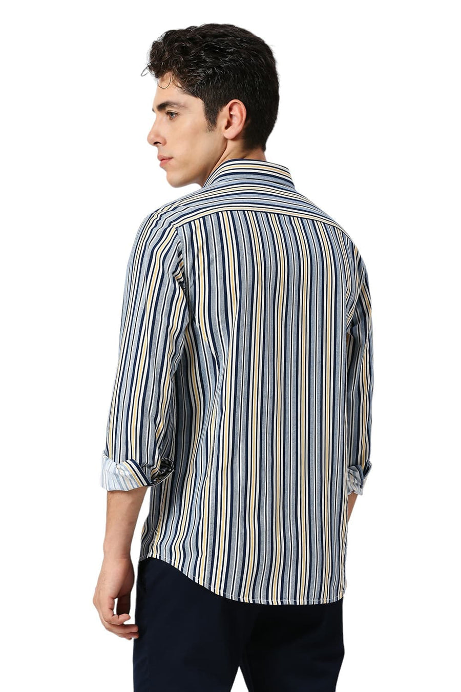 BASICS SLIM FIT NAVAL BLUE COTTON VISCOSE TWILL STRIPE SHIRT