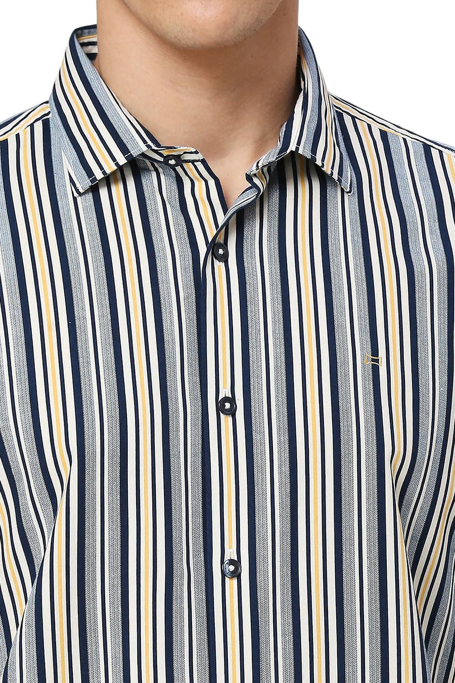 BASICS SLIM FIT NAVAL BLUE COTTON VISCOSE TWILL STRIPE HALFSLEEVES SHIRT