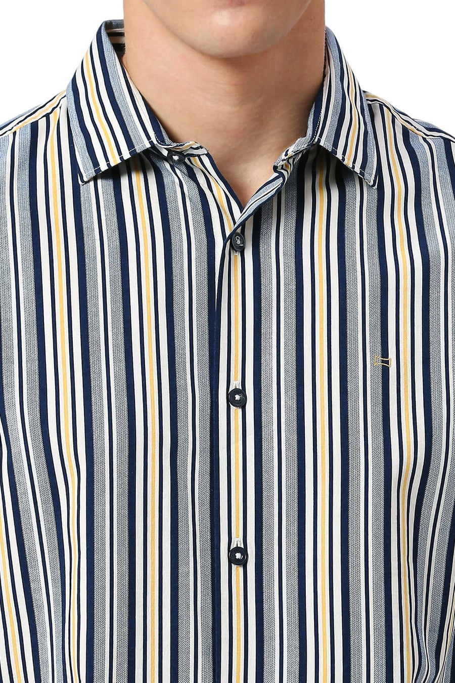 BASICS SLIM FIT NAVAL BLUE COTTON VISCOSE TWILL STRIPE SHIRT