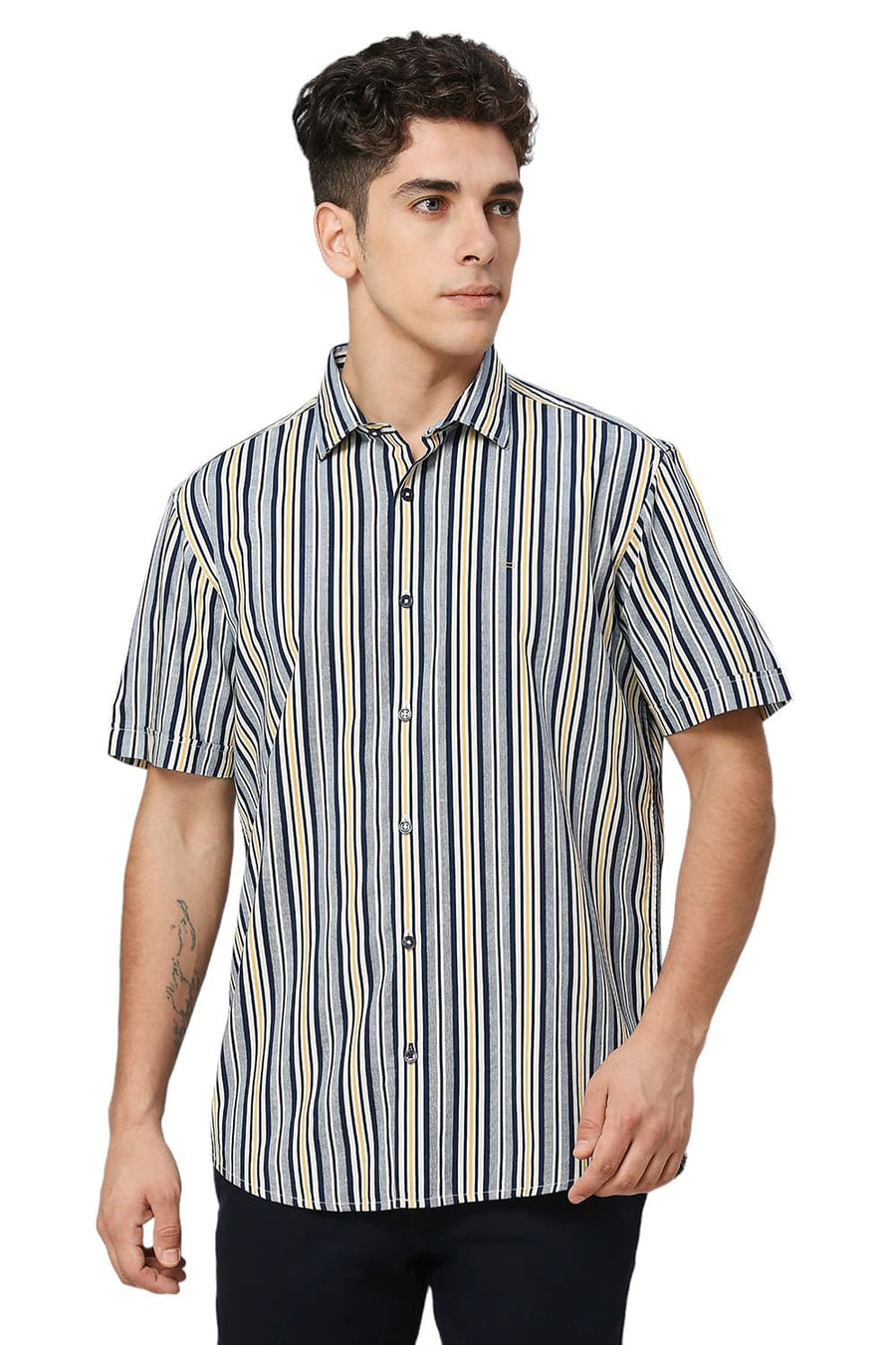 BASICS SLIM FIT NAVAL BLUE COTTON VISCOSE TWILL STRIPE HALFSLEEVES SHIRT