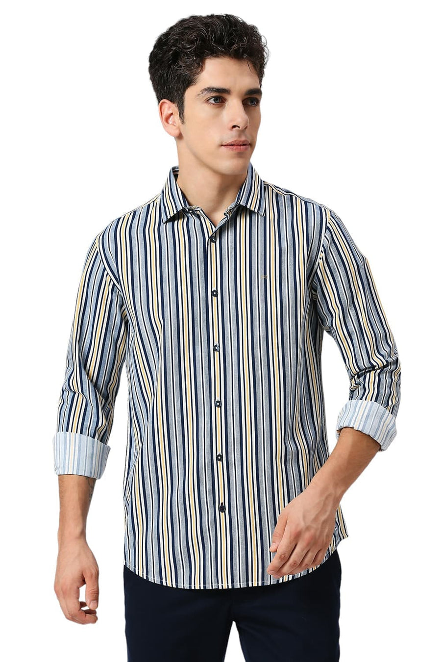 BASICS SLIM FIT NAVAL BLUE COTTON VISCOSE TWILL STRIPE SHIRT