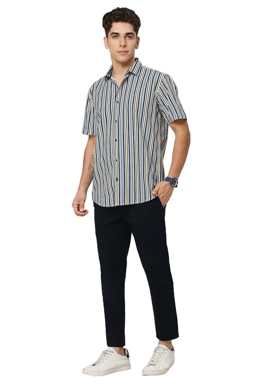 BASICS SLIM FIT NAVAL BLUE COTTON VISCOSE TWILL STRIPE HALFSLEEVES SHIRT