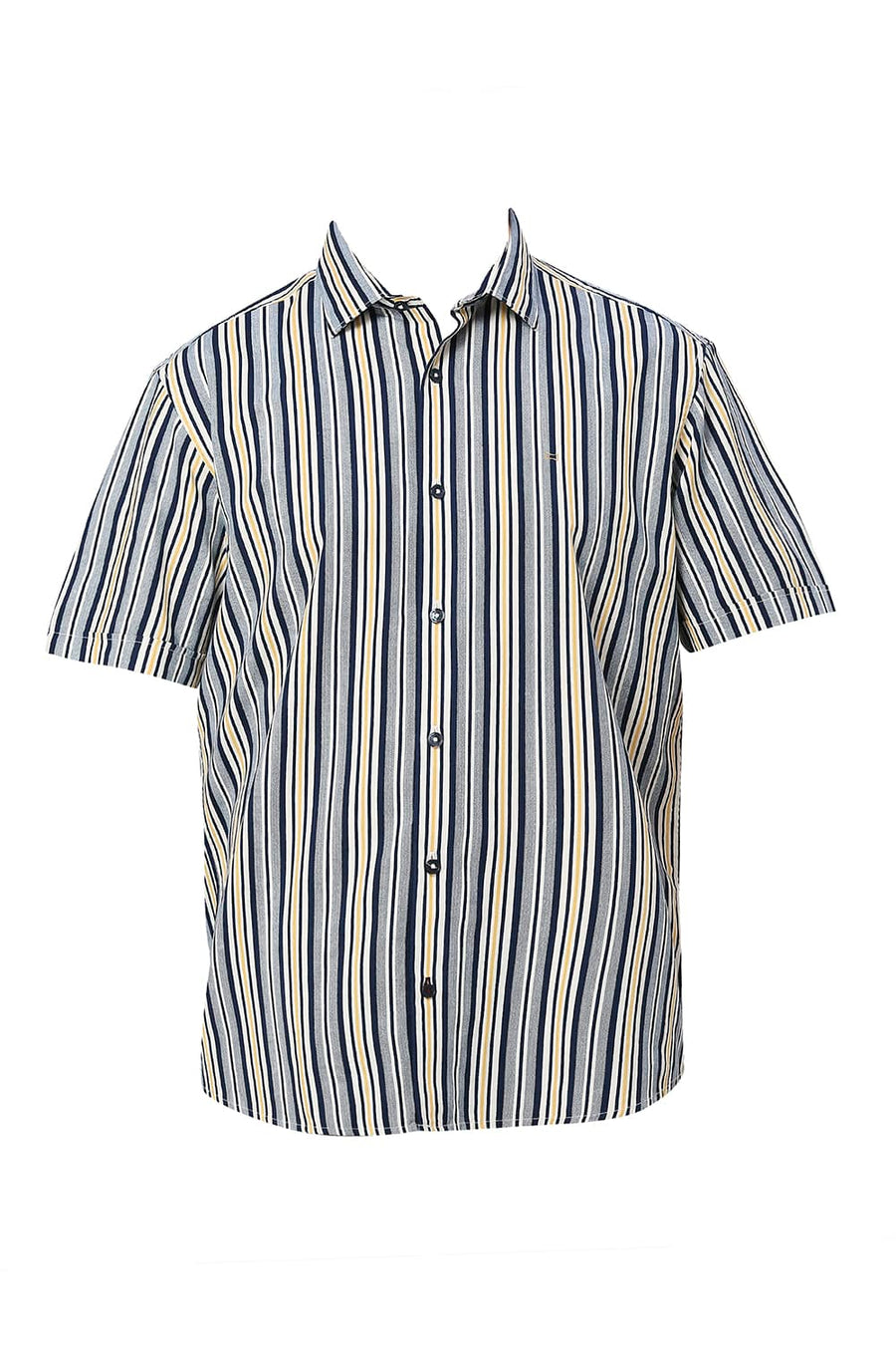 BASICS SLIM FIT NAVAL BLUE COTTON VISCOSE TWILL STRIPE HALFSLEEVES SHIRT