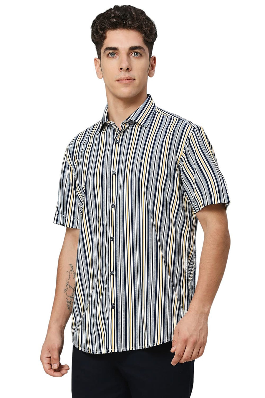 BASICS SLIM FIT NAVAL BLUE COTTON VISCOSE TWILL STRIPE HALFSLEEVES SHIRT