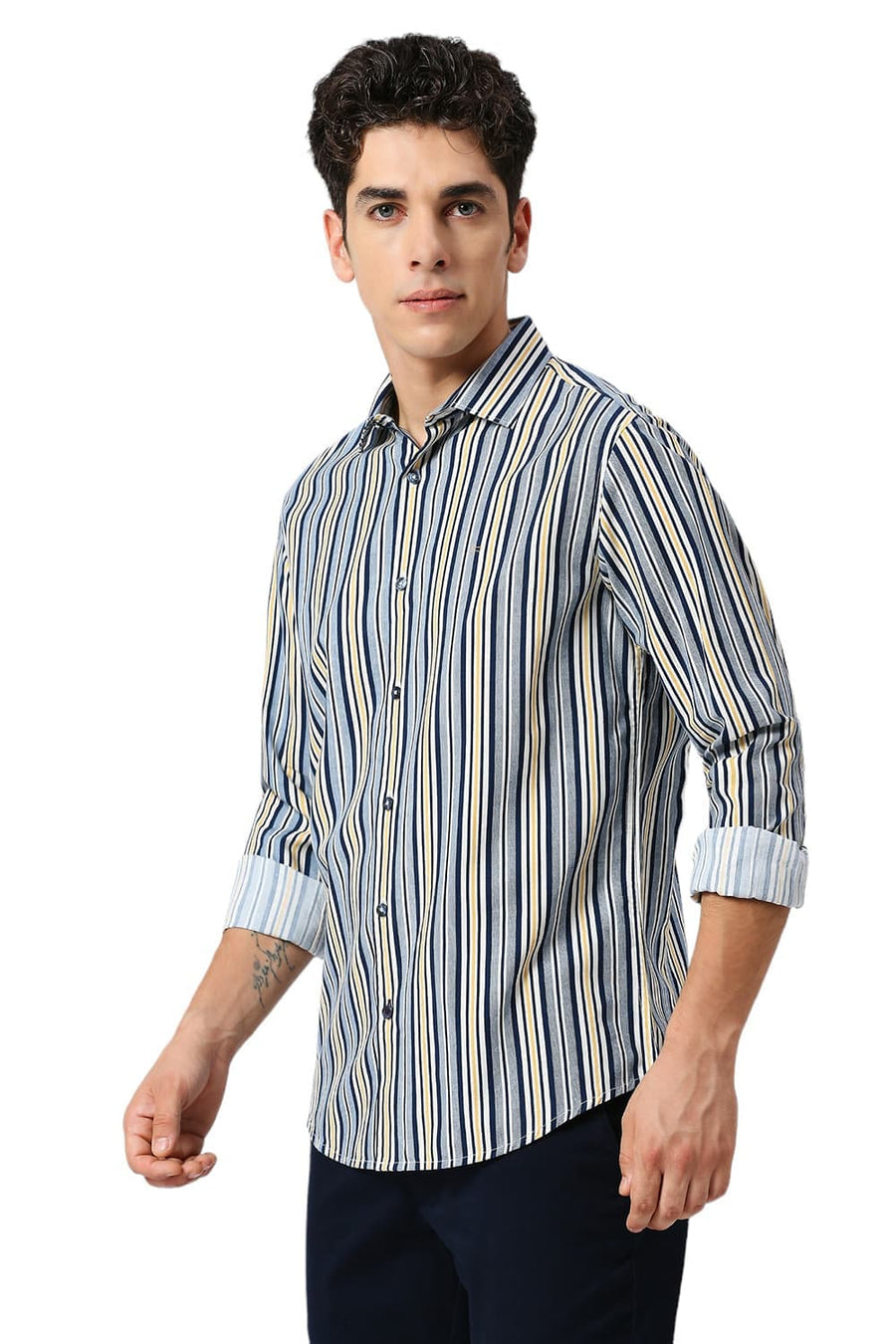 BASICS SLIM FIT NAVAL BLUE COTTON VISCOSE TWILL STRIPE SHIRT