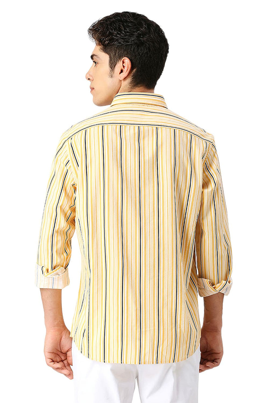 BASICS SLIM FIT YELLOW HAZE COTTON VISCOSE TWILL STRIPE SHIRT