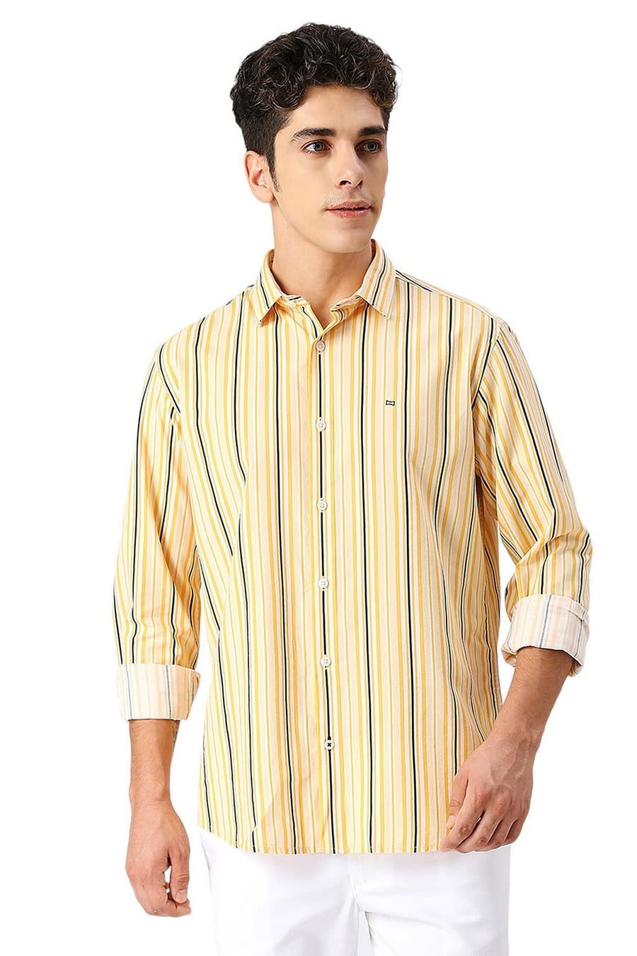 BASICS SLIM FIT YELLOW HAZE COTTON VISCOSE TWILL STRIPE SHIRT