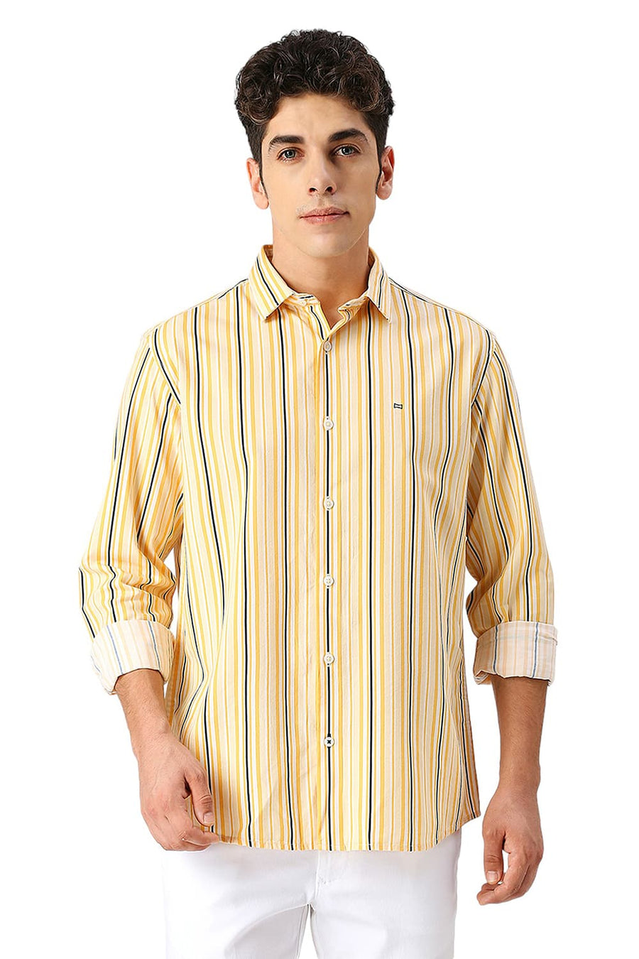 BASICS SLIM FIT YELLOW HAZE COTTON VISCOSE TWILL STRIPE SHIRT