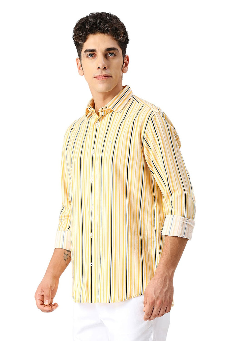 BASICS SLIM FIT YELLOW HAZE COTTON VISCOSE TWILL STRIPE SHIRT